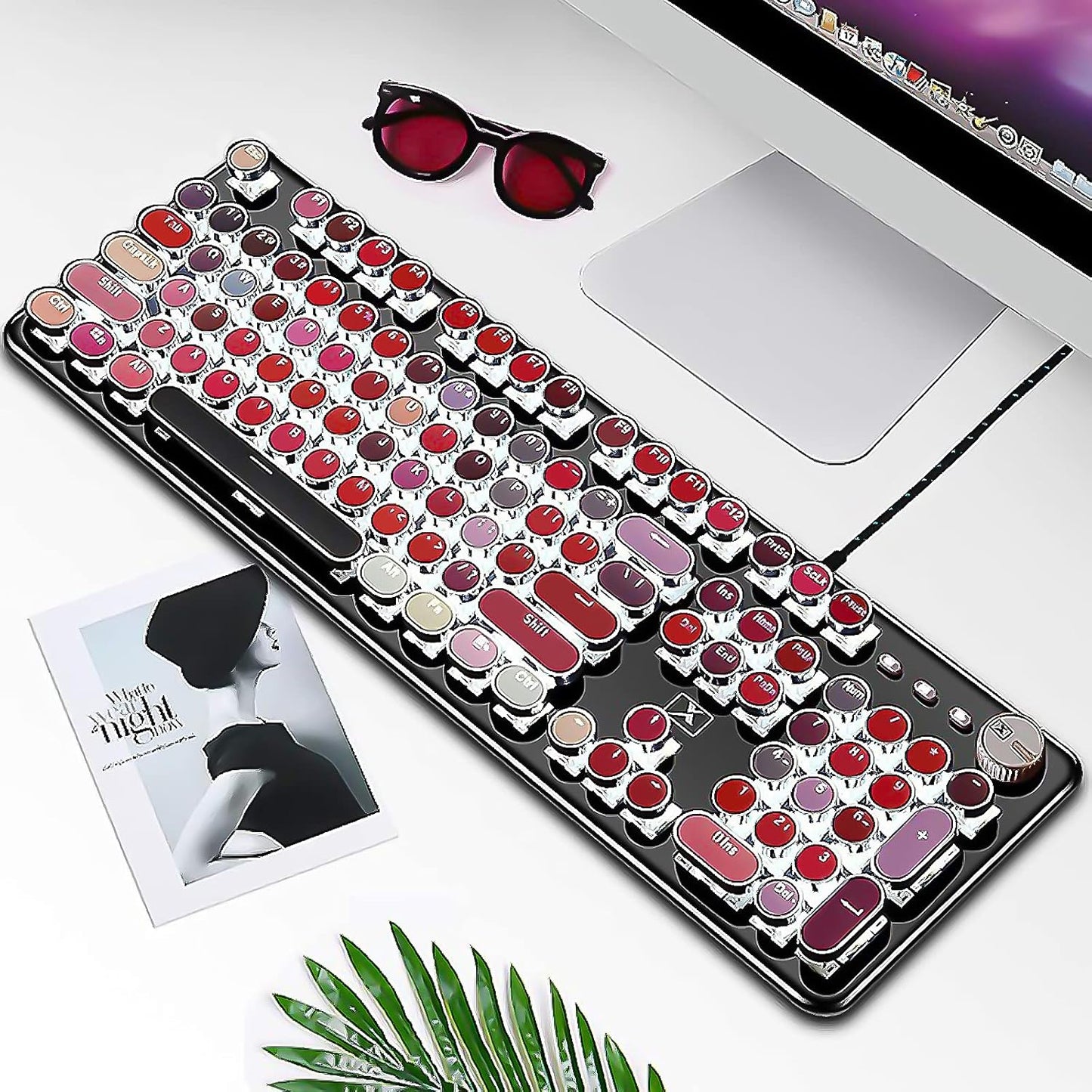 Basaltech Typewriter Style with White LED Backlight,Vintage Mechanical Gaming Keyboards with Lipstick Round Keycaps, Blue Switches 104-Keys Wired Keyboard Metal Panel for Laptop/pc