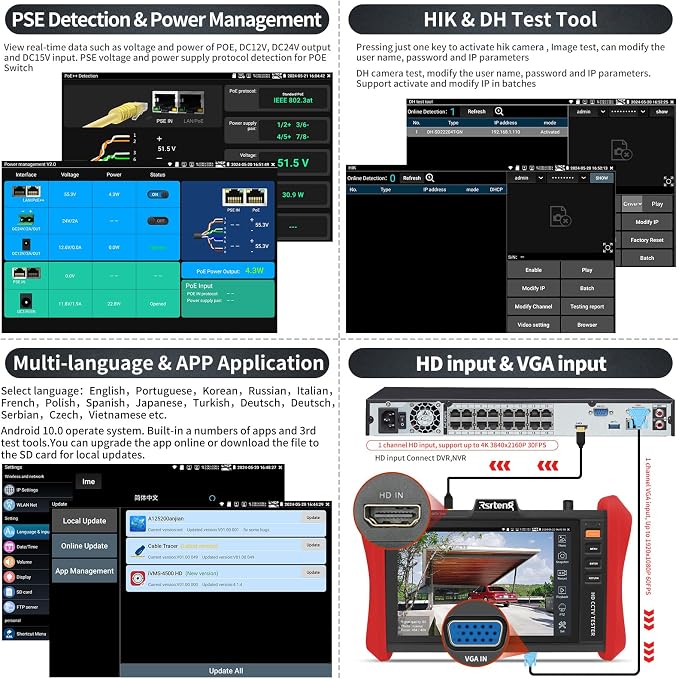 Rsrteng CCTV Tester 4K 12MP IP Camera Tester POE++ Max 90W POE Camera Test 8" - Image 5