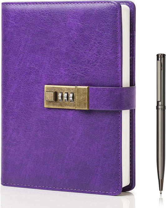 WEMATE Diary with Lock, A5 PU Leather Journal with Lock 240 Pages, Vintage Locks Journal Password Notebook with Pen, Locks Diary Planner Organizer for Men and Women, 8.6x5.8in