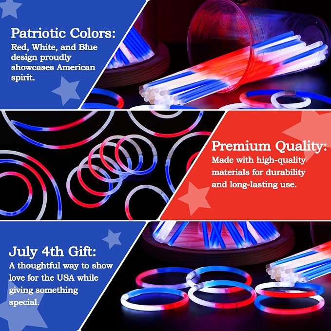 JOYIN 144 Pcs 4th of July Glow Sticks Bulk, Lightup Bracelet Necklace - Image 3
