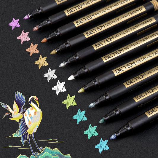 Betem Metallic Paint Markers, 10 Colors Acrylic Paint Markers for Black Paper, 2mm Medium Tips Metallic Glitter Pens for Scrapbooking, Rock Painting, Greeting Cards, Photo Albums, DIY Art Crafts