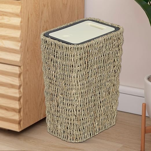 Trongee Boho Trash Can with Lid, 3 Gallon Small Rattan Trash Can with Press Top by Trongee