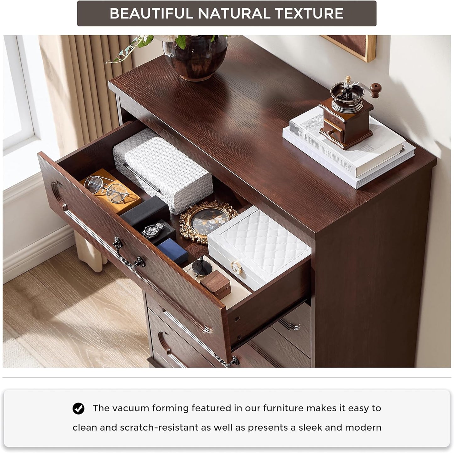 LIDYUK 5 Drawer Dresser for Bedroom Farmhouse Cherry Wood Chest of Drawers for Bedroom Dresser, Rustic 46" Tall Wide Drawers Dressers Wooden Closet Storage Cabinet, Hallway, Living Room