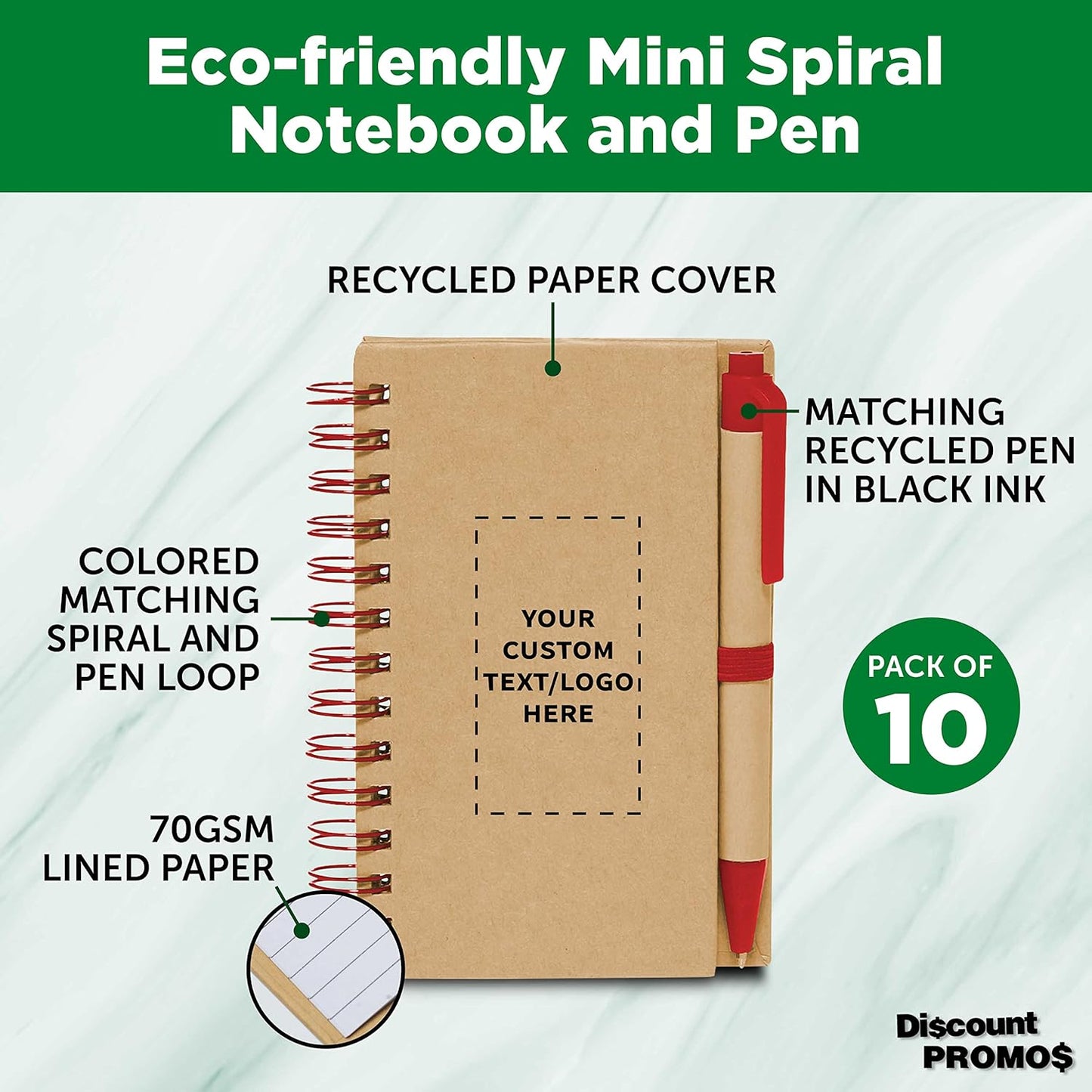 Custom Mini Spiral Notebooks with Black Ink Pens Set of 10, Personalized Bulk Pack - Perfect for School, Office, Business, Home - Red