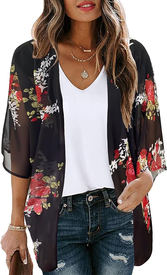 Women's Floral Print Puff Sleeve Kimono Cardigan Loose Cover Up Casual Blouse by CHICGAL