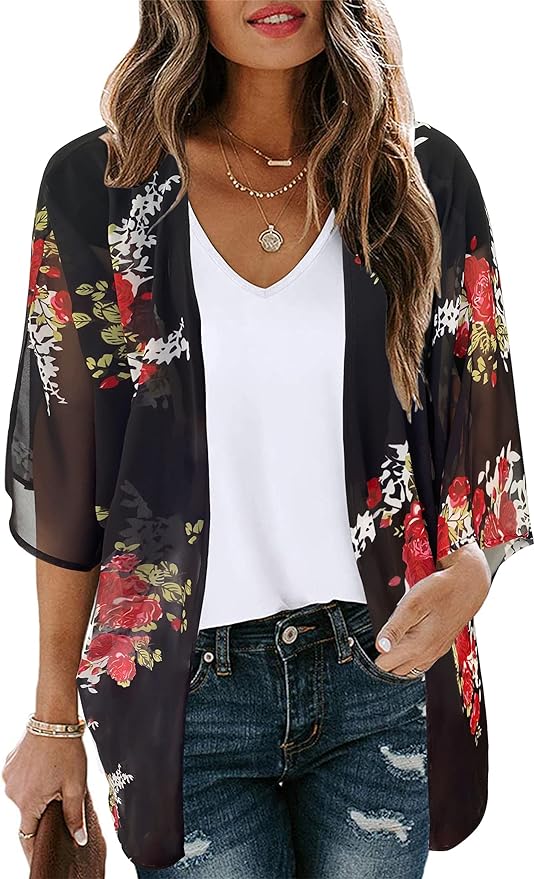 Women's Floral Print Puff Sleeve Kimono Cardigan Loose Cover Up Casual Blouse by CHICGAL
