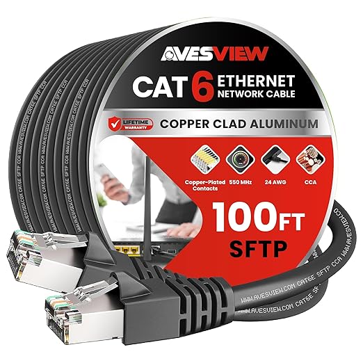 CAT 6 Shielded 100 ft Ethernet Cable, Indoor High-Speed 10Gbps Shielded CAT 6 by AvesView
