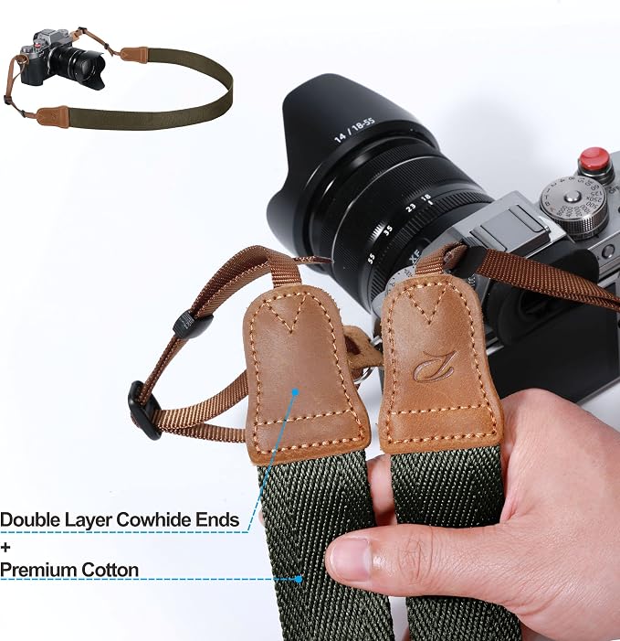 Olive Green Camera Strap, Double Layer top-grain Cowhide Ends, 1.5"Wide Pure - Image 3