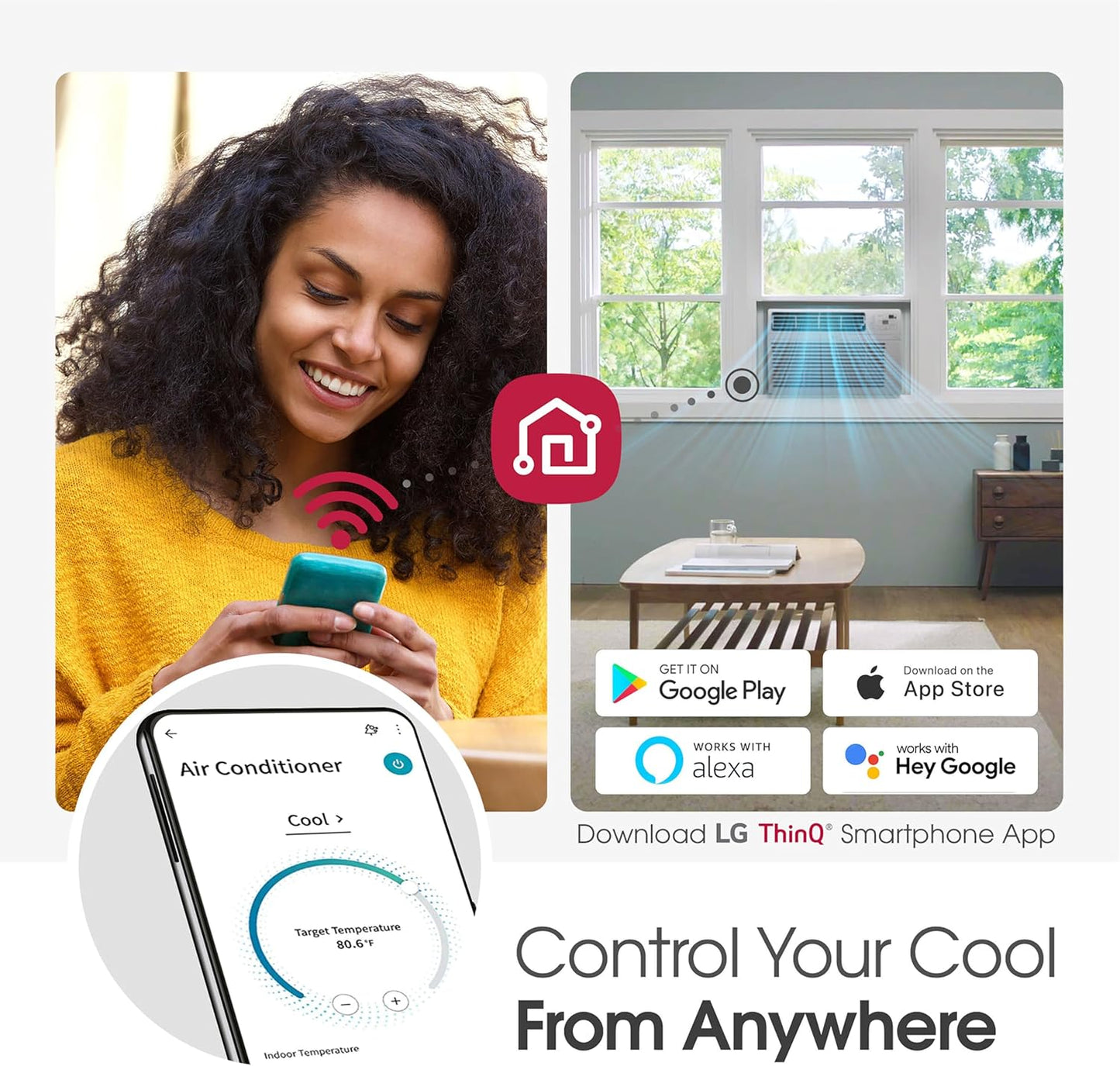 LG 24,500 BTU Smart Window Air Conditioner, 230/208V, Cools Room up to 1560 Sq. Ft. for Bedrooms, Living Room, Apartments, with Remote, 3 Fan Speeds, 24-Hour Timer, White