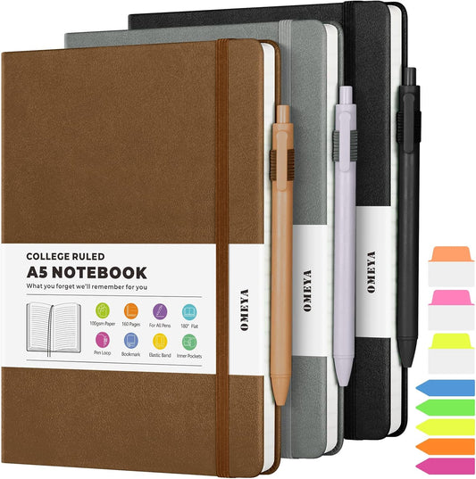 Lined Journal Notebook, 3 Pack A5 College Ruled Notebooks for Work, Hardcover Notebook Each with 2 Pockets & Pen, Leather Journal for Women, Men, 160 Pages, 100GSM Thick Paper (Black, Brown, Grey)