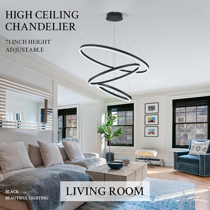 3-Rings Modern LED Chandelier Black, Dimmable Pendant Lighting - Image 4