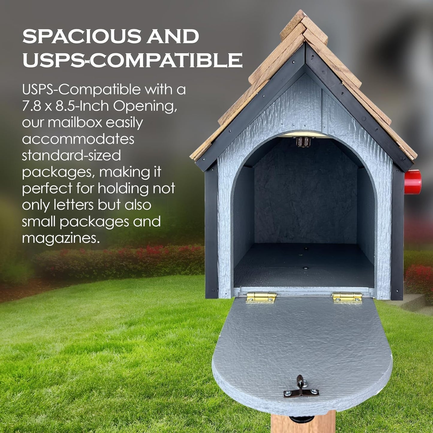 Peaceful Classics Amish Cedar Roof Wooden Mailbox with Window & Door Trim, Handcrafted Mailboxes for Outside, Post Mount Residential Mailboxes - (Beige & Green, Wood)
