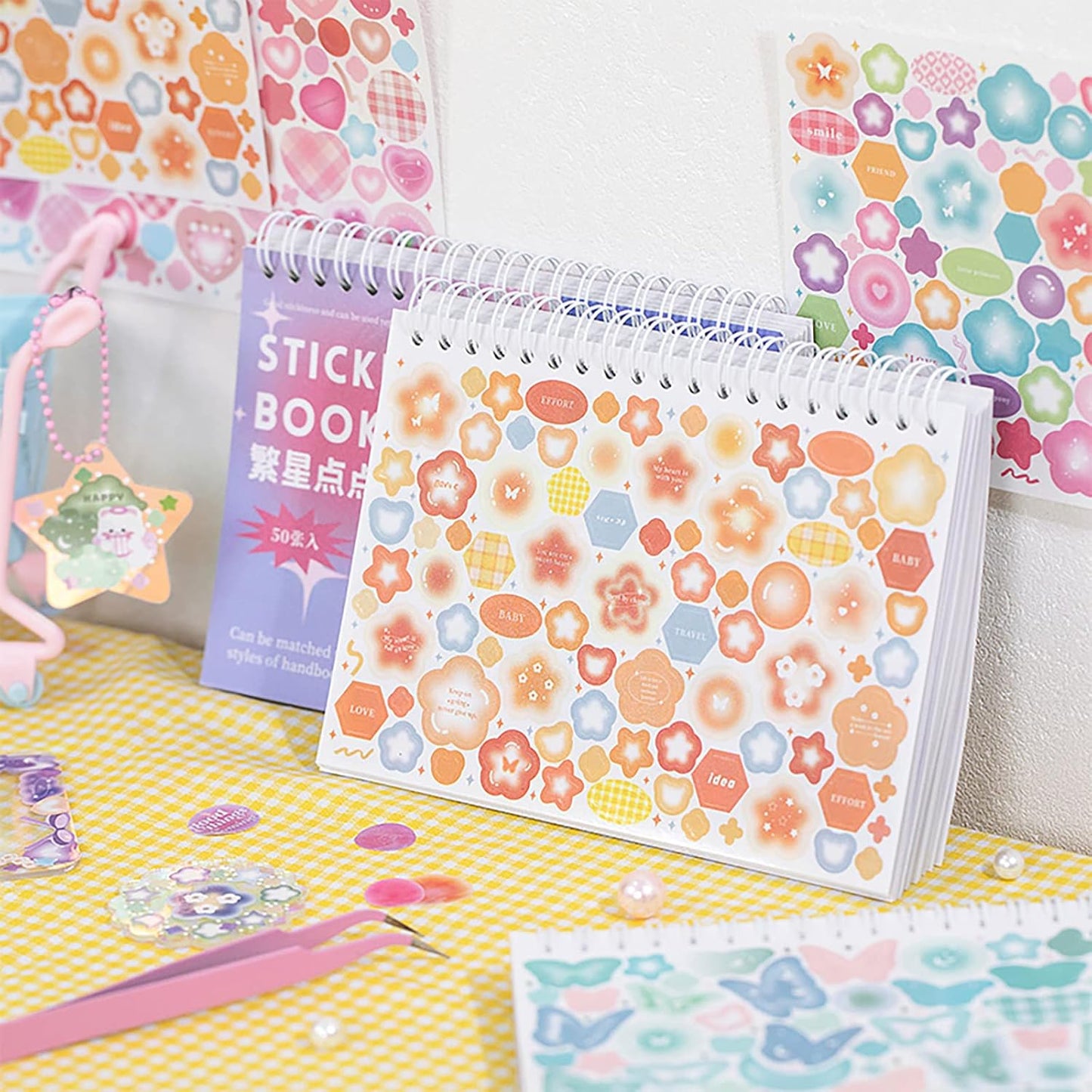 Doraking Colorful Sticker Book, 50 Sheets Shiny Love Bubble Heart Butterfly Ribbon Cute Stickers for Junk Journal Arts Craft Greeting Cards Scrapbook Supplies Home Decoration, DIY Deco Stickers (A)