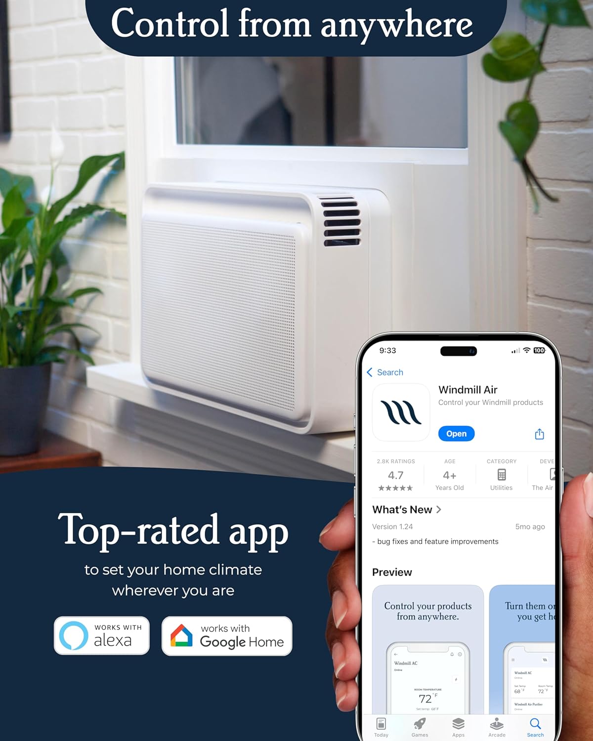 Windmill 10,000 BTU Inverter Window Air Conditioner with WhisperTech - Ultra-Quiet & Smart, Cools up to 450 Sq. Ft. - Easy Install, App/Wi-Fi, Voice-Enabled, Remote Control, High Energy Efficiency
