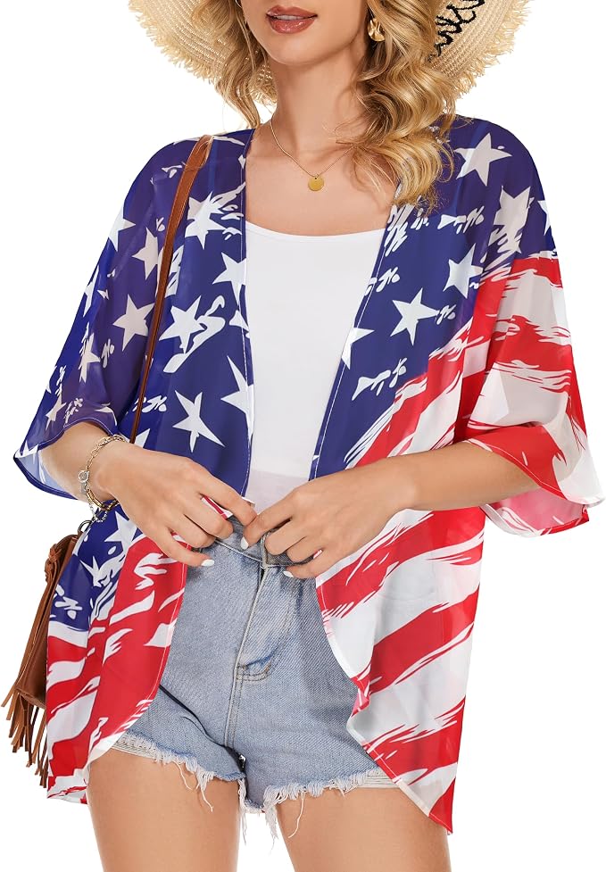 Women's Floral Print Puff Sleeve Kimono Cardigan Loose Cover Up Casual Blouse - Image 2