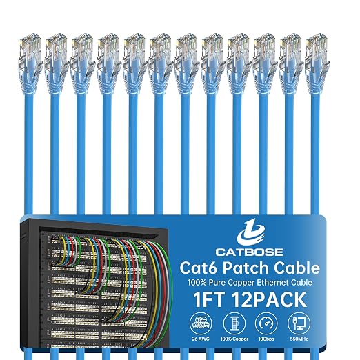 1 Foot Cat6 Patch Cables, Solid Pure Copper Patch Cord, Cat 6 Ethernet Cable by CatBose