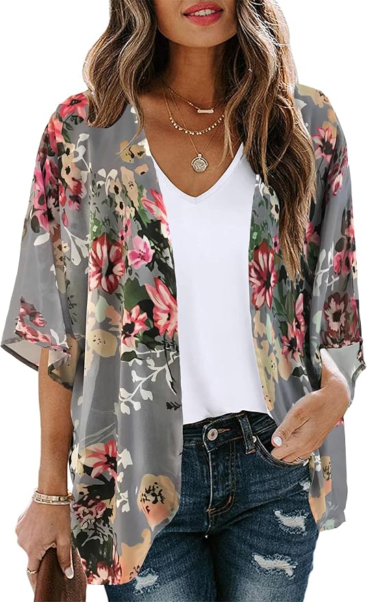 Women's Floral Print Puff Sleeve Kimono Cardigan Loose Cover Up Casual Blouse by CHICGAL