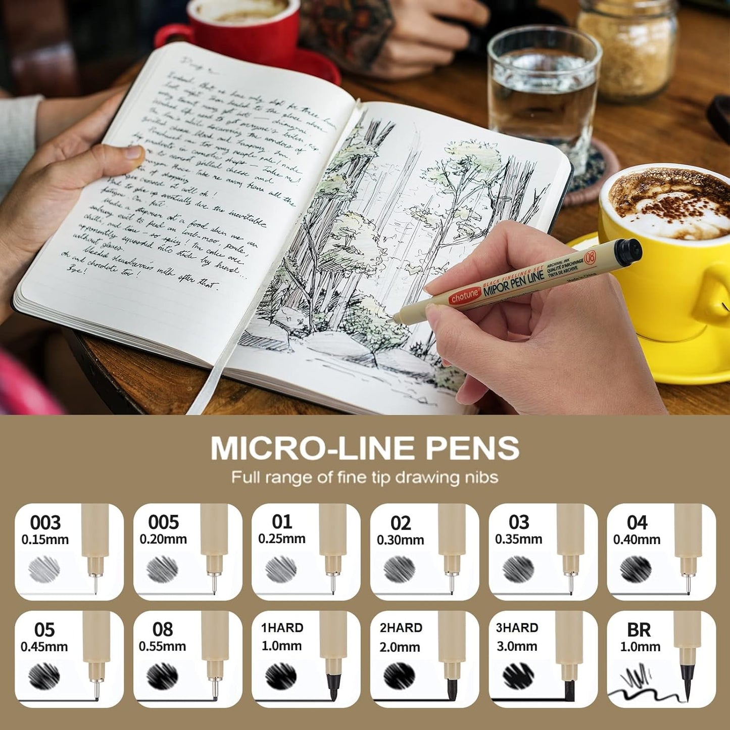 Micro Fineliner Drawing Art Pens: 12 Black Fine Line Waterproof Ink Set Artist Supplies Archival Inking Markers Liner Professional Sketch Outline Anime Sketching Artist Illustration Watercolor