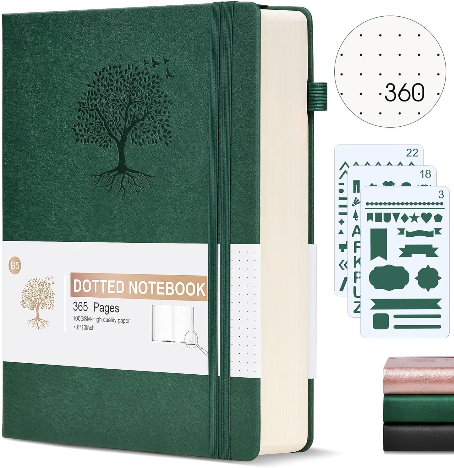 Dotted Journal Notebook, 360 Numbered Pages Bullet Dot Journals,100gsm Dot Paper Thick Hardcover Leather Journal for Writing Women Men, B5 Big Dotted Grid Notebooks for Work School Green