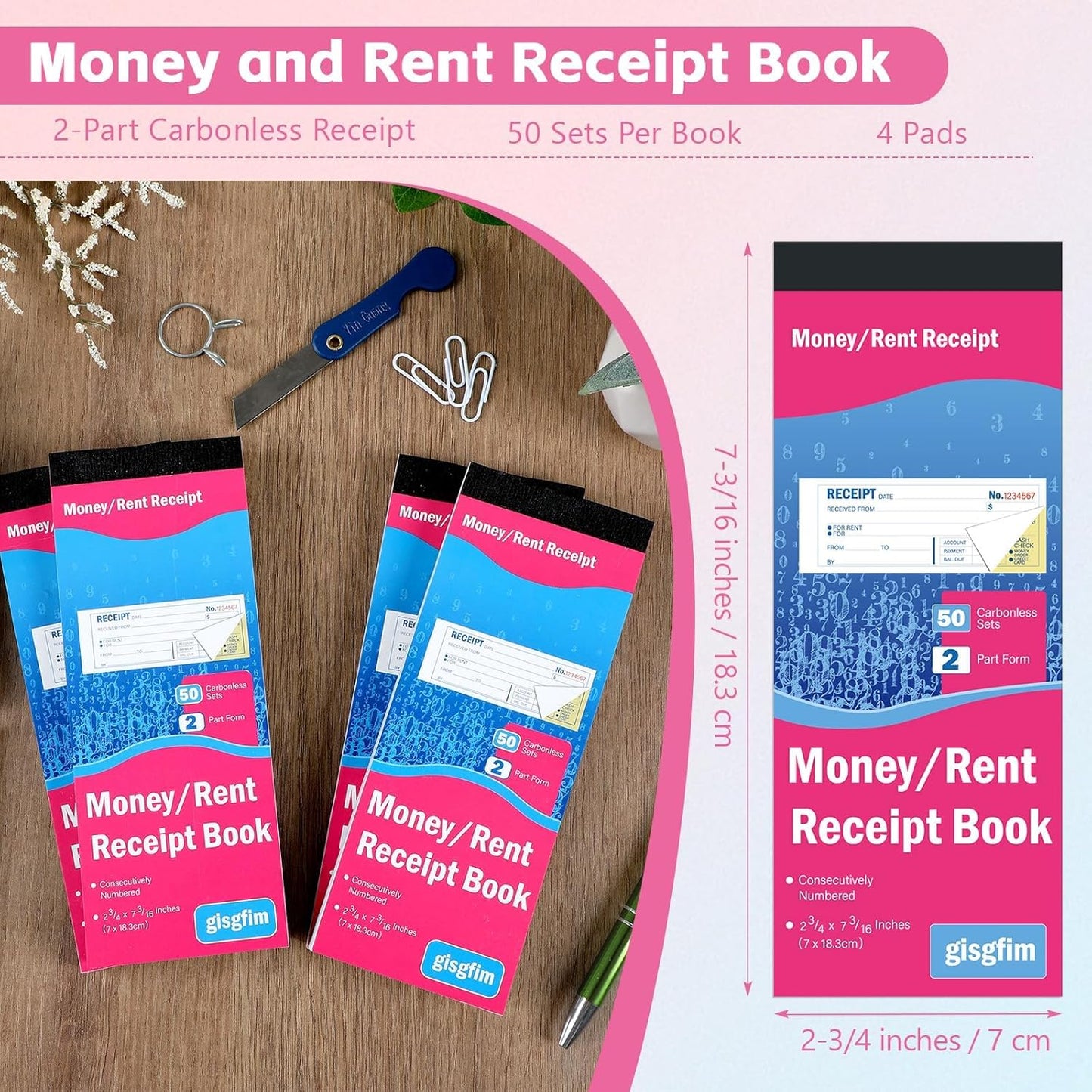 gisgfim 4 Pads Receipt Book with Carbon Copies Money and Rent Receipt Book 2 Part Carbonless Bound Wraparound Cover Petty Cash Business Invoice Book for Small Business 2-3/4 x 7-3/16Inch 50 Set/Book