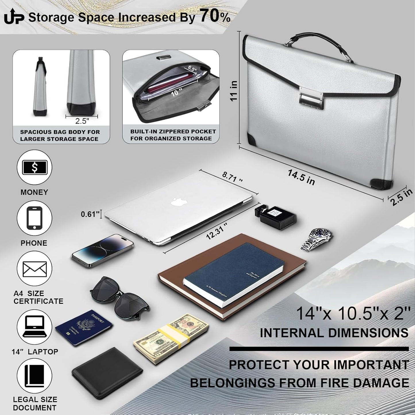 Fireproof Document Bag 14.5"X11"X2.5" Fireproof Money Bag for Cash With Lock and Zipper,Fire&Waterproof Storage Organizer Pouch for Valuables,Legal Document,Laptop,Passport,(Silver)