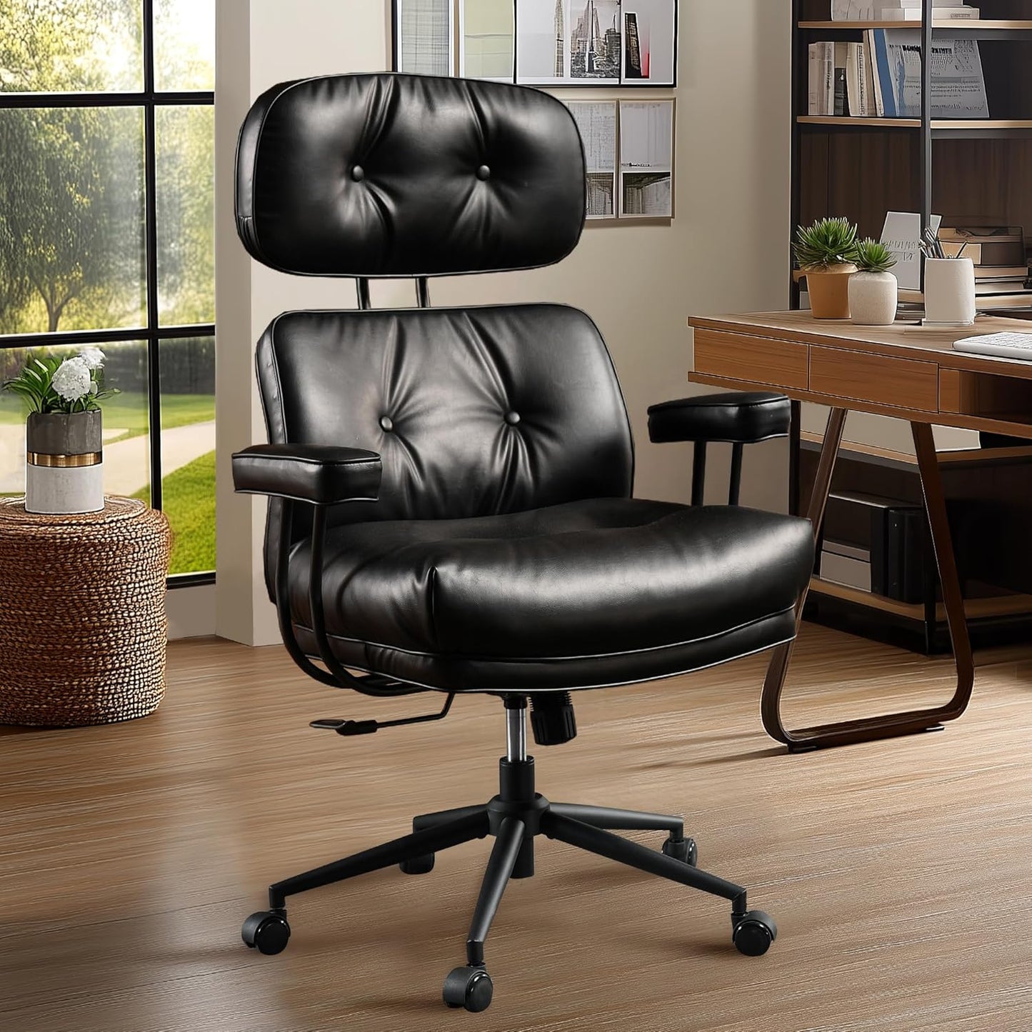 Mid Century Modren Big and Tall Office Chair,Large Ergonomic Executive Chair for Heavy Duty People, Computer Desk Task Chair with Wheels, Faux Lether Fabric Wide Chair for Home Sturdy,Black