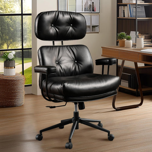 Mid Century Modren Big and Tall Office Chair,Large Ergonomic Executive Chair for Heavy Duty People, Computer Desk Task Chair with Wheels, Faux Lether Fabric Wide Chair for Home Sturdy,Black