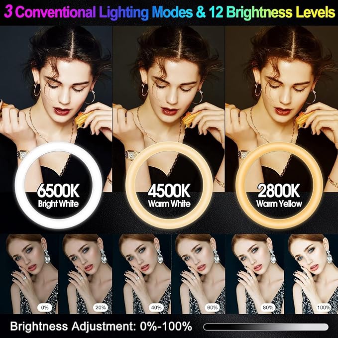 12.3" Ring Light with Stand & Phone Holder Tall 75", 51 Color Modes Circle - Image 2
