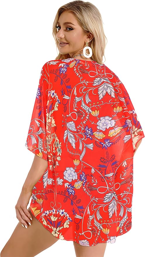 Women's Floral Print Puff Sleeve Kimono Cardigan Loose Cover Up Casual Blouse - Image 6