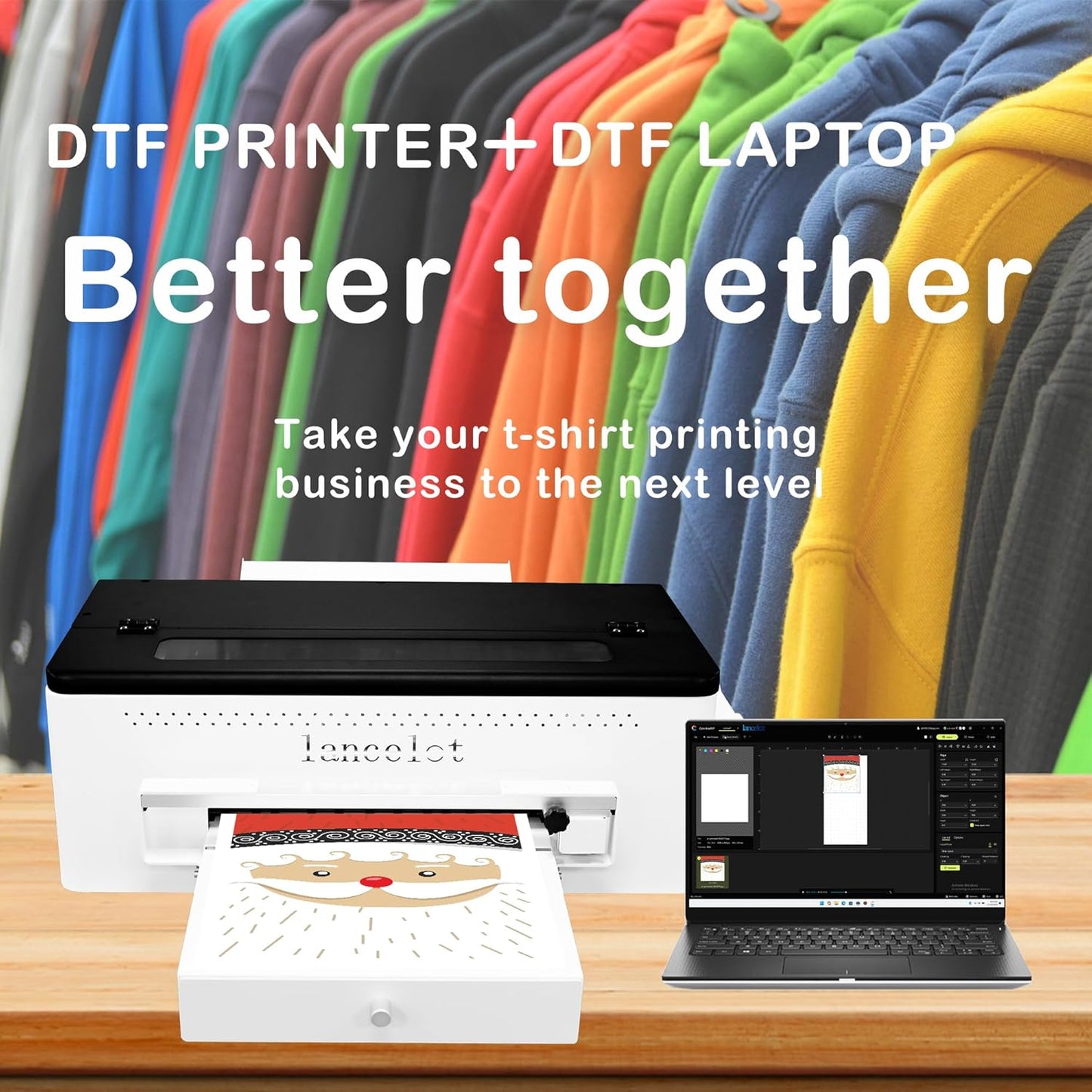 Lancelot A3 L1800 DTF Printer Bundle DTF Printing Machine with Roll Feeder, White Ink Circulation,t Shirt Printers with Film Cutter for DIY T Shirt Business (Printer+Software+Laptop+Consumables)