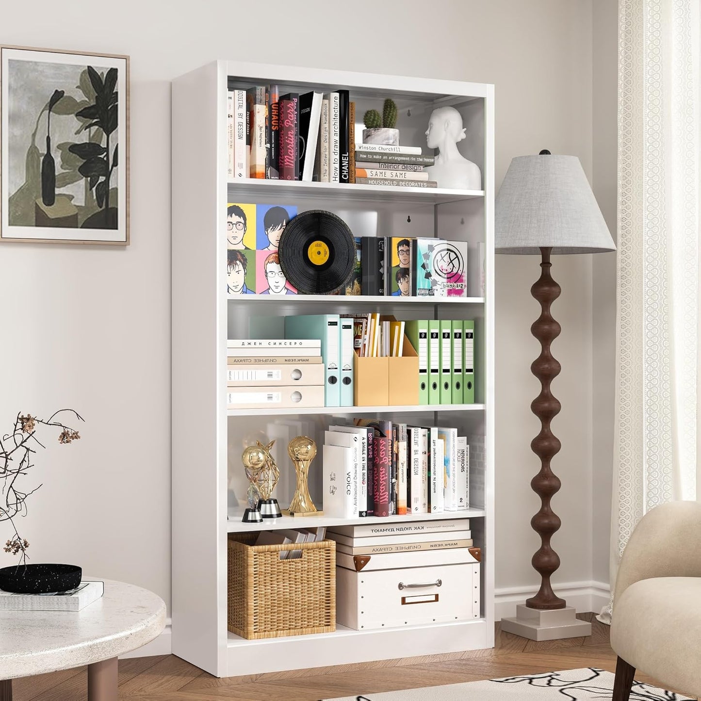 White Metal Bookshelf, 66" Tall Bookcase, Industrial Bookshelves and Bookcases, 5 Shelf Bookcase with Adjustable Shelves, Heavy Duty Book Cases for Office, Home, Library, Living Room, School