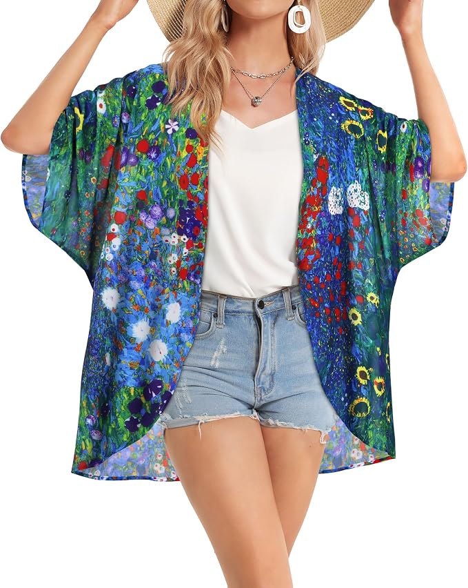 Women's Floral Print Puff Sleeve Kimono Cardigan Loose Cover Up Casual Blouse - Image 5