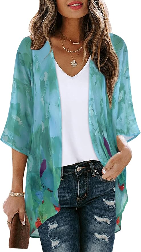 Women's Floral Print Puff Sleeve Kimono Cardigan Loose Cover Up Casual Blouse by CHICGAL