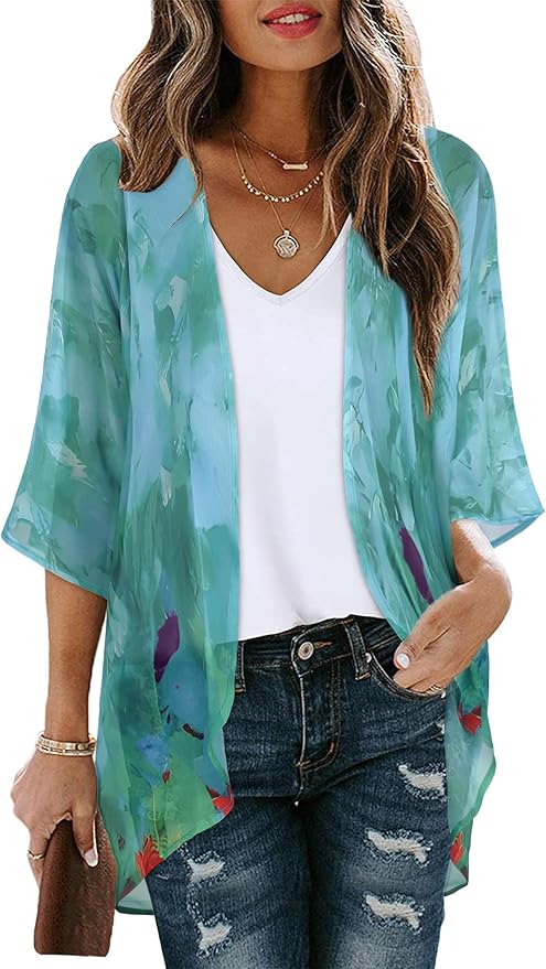 Women's Floral Print Puff Sleeve Kimono Cardigan Loose Cover Up Casual Blouse by CHICGAL