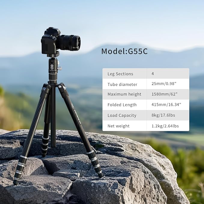 Carbon Fiber Camera Tripod, 1/4" Arca QR Plate, Compact Lightweight Travel - Image 2