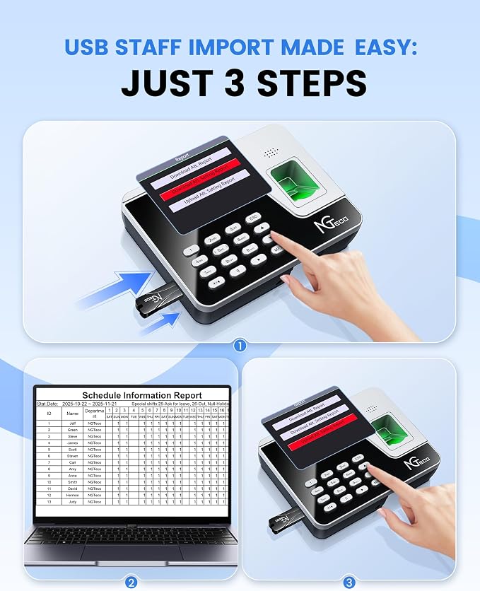 NGTeco Fingerprint & PIN Time Clock, Standalone Biometric Punch Machine - Image 3