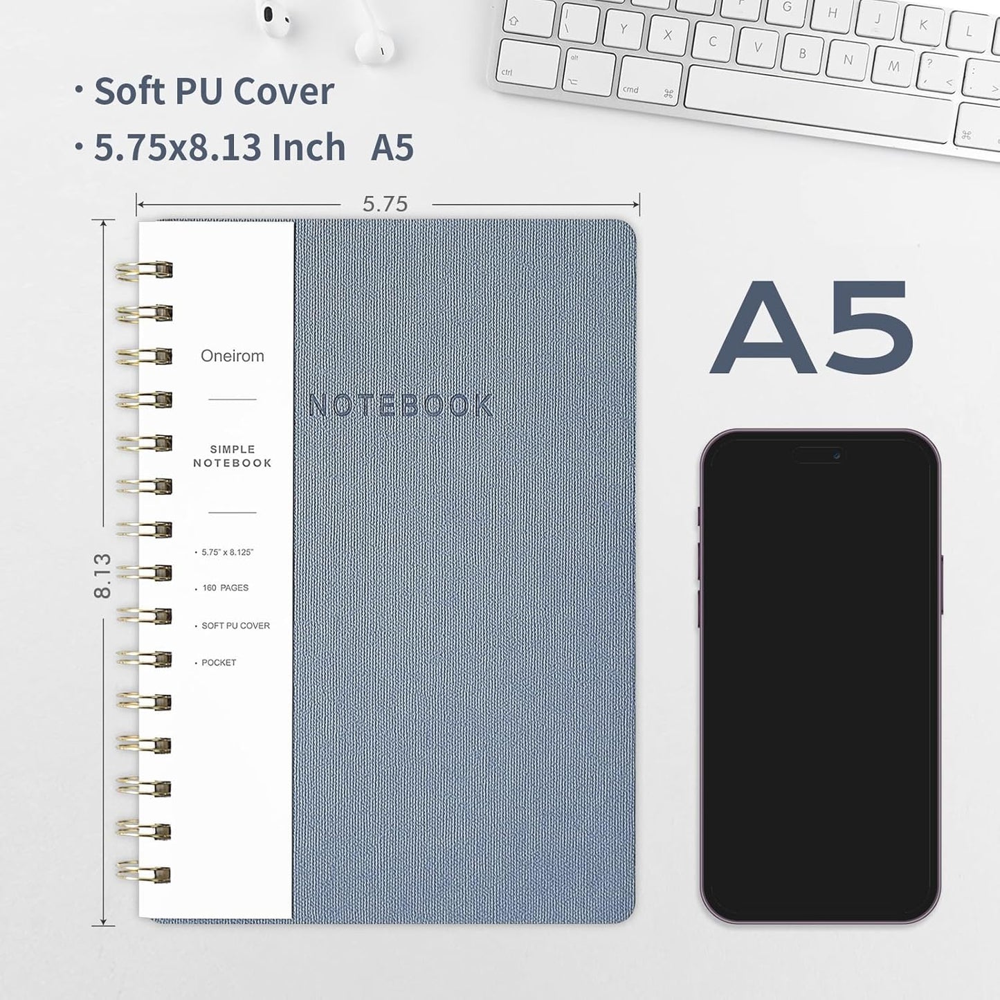 Spiral Notebook -A5 College Ruled Journal with Inner Pockets and 160 Pages,PU Leather Cover Business Journal, Twin-Wire Binding Notebook Perfect for Office & Home School Supplies - ReefBlue/NavyBlue