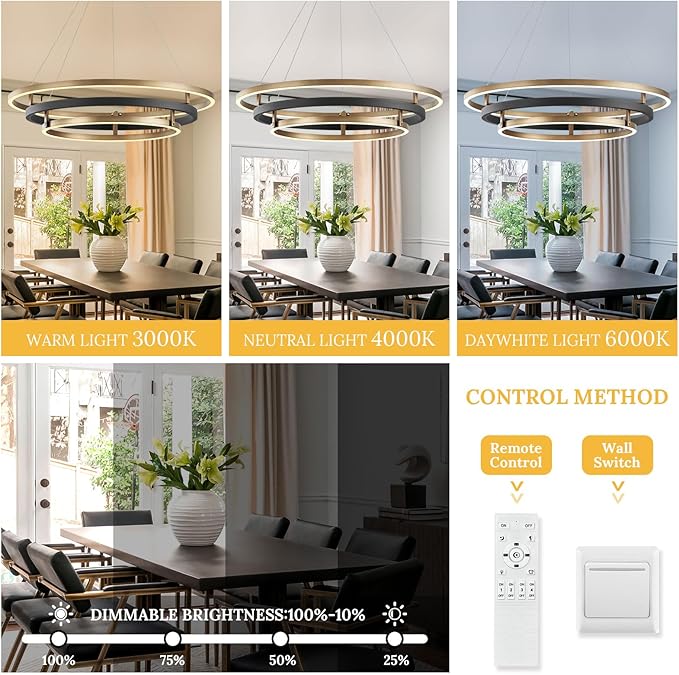 3 Ring LED Chandelier Black Gold Round Chandeliers Light Fixture 31in Dimmable - Image 6