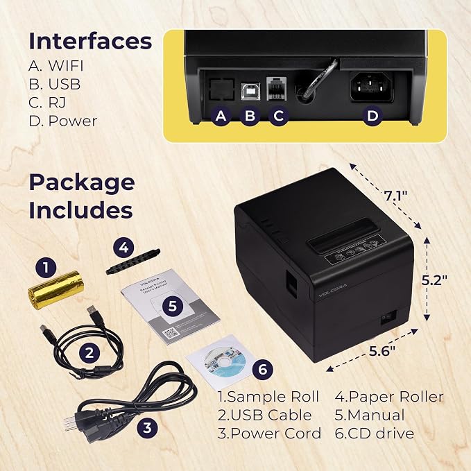 Volcora Thermal Receipt Printer, 80mm POS Printer w/Auto Cutter, USB/WiFi - Image 5