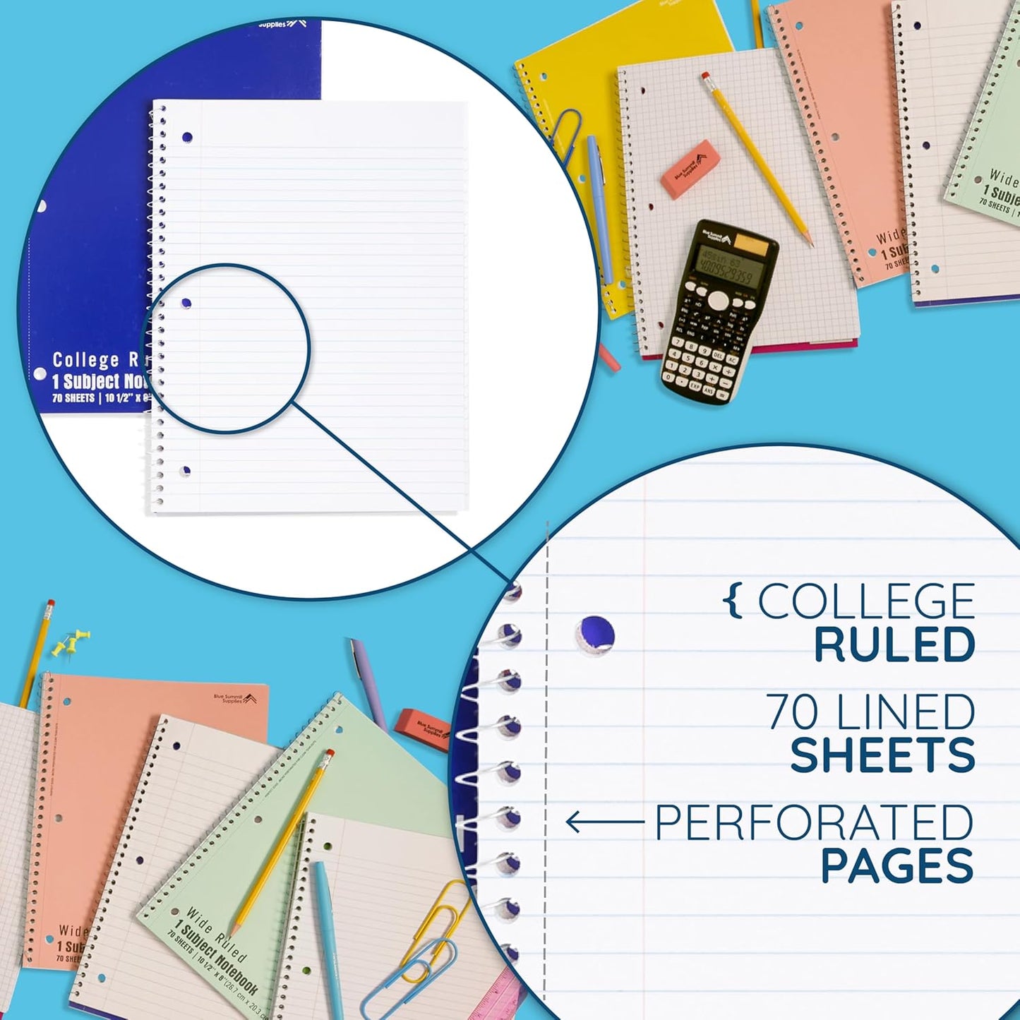 Blue Summit Spiral Notebooks Bulk, One Subject Spiral Notebook College Ruled, Perforated Notebook, 8 x 10.5 for Work and School, Paper, College Ruled, Bulk 48 Pack