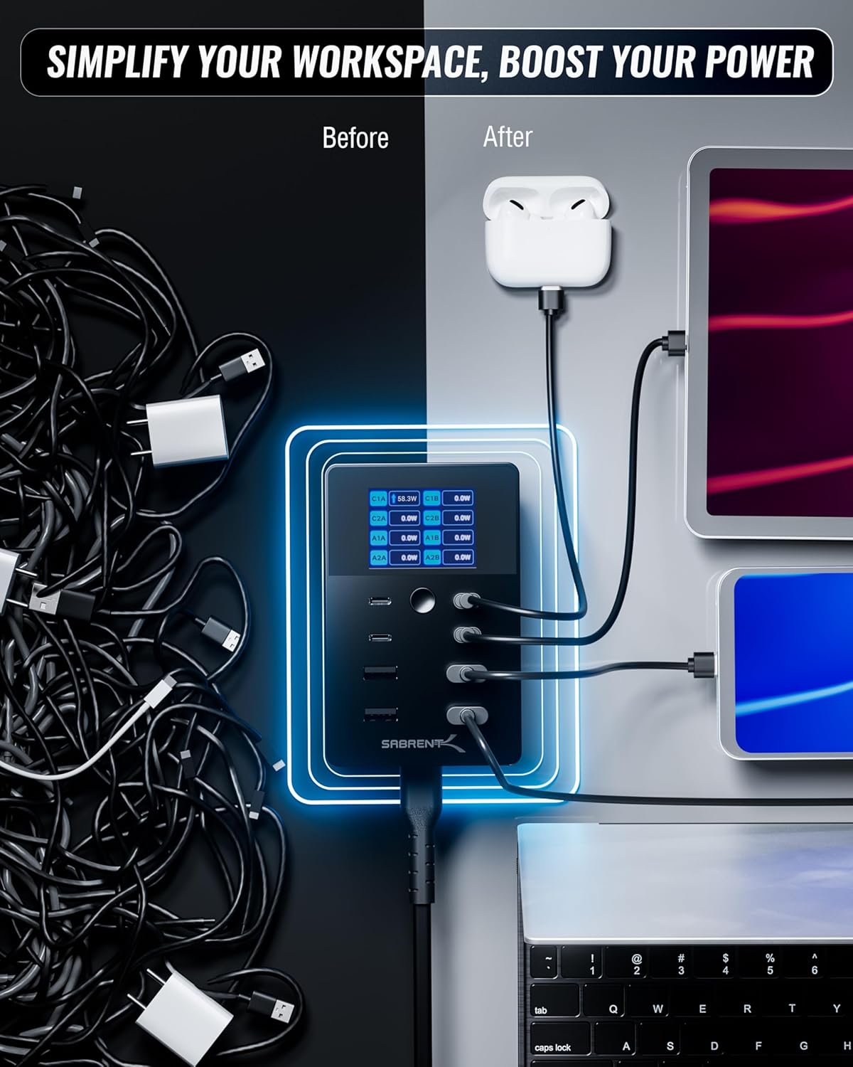 SABRENT 252W USB Charger – 8-Port Charging Station with USB-C 100W PD & USB-A Fast Charging, LCD Display, PPS, Compact Travel Design for Laptops, Phones, Tablets, Gaming Devices (AX-8PTC)