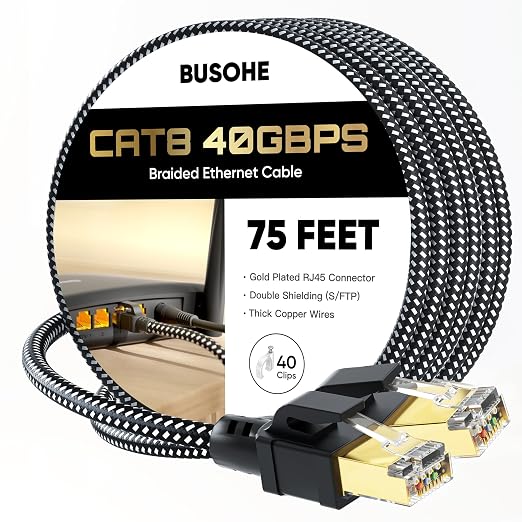 BUSOHE Cat 8 Ethernet Cable 75 FT, High Speed 40Gbps 2000Mhz Braided Network by BUSOHE
