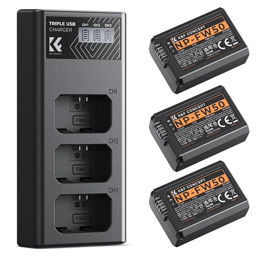 K&F CONCEPT 3-Pack NP-FW50 Battery and Upgraded 3-Slot ZV-E10 Battery Charger by KFCONCEPT
