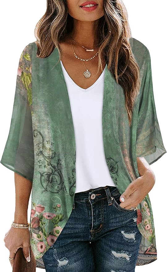 Women's Floral Print Puff Sleeve Kimono Cardigan Loose Cover Up Casual Blouse by CHICGAL