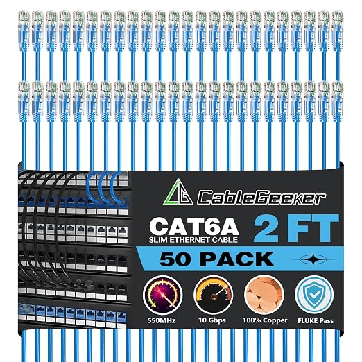 CableGeeker Patch Cables Cat6a 2ft Slim, Cat6 Ethernet Patch Cable 10G Support by CableGeeker