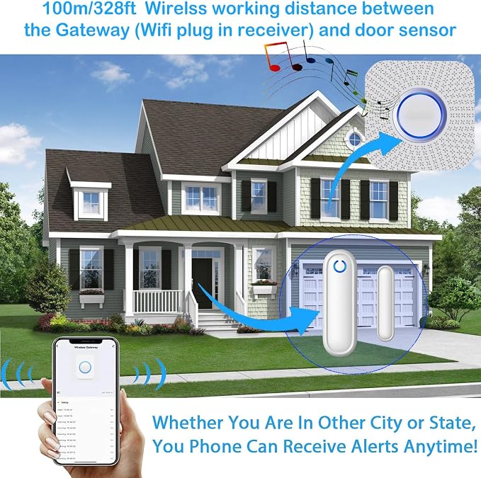 Door Chime with Phone App, WiFi Door Open Contact Sensor Alarm Chime with 600 - Image 2