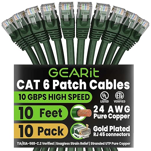 GEARit Cat 6 Ethernet Patch Cable 10 ft Green Cat6 Patch Cables 10ft by GEARit
