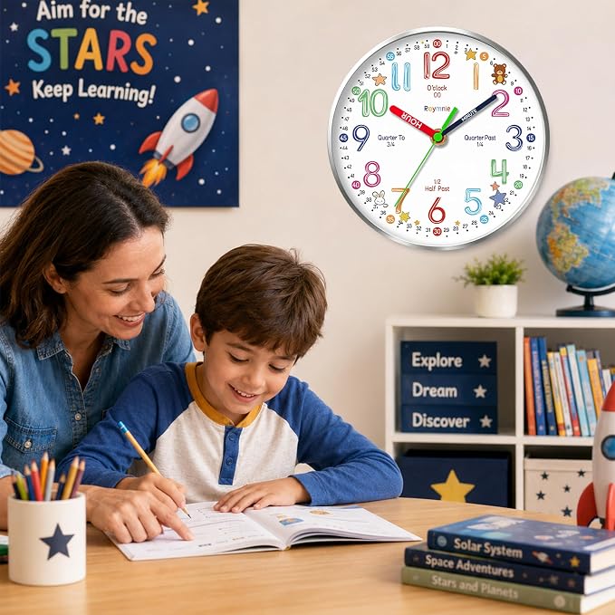 Roymnie Wall Clock Learning to Tell Time Easily Non Ticking Battery Operated - Image 3