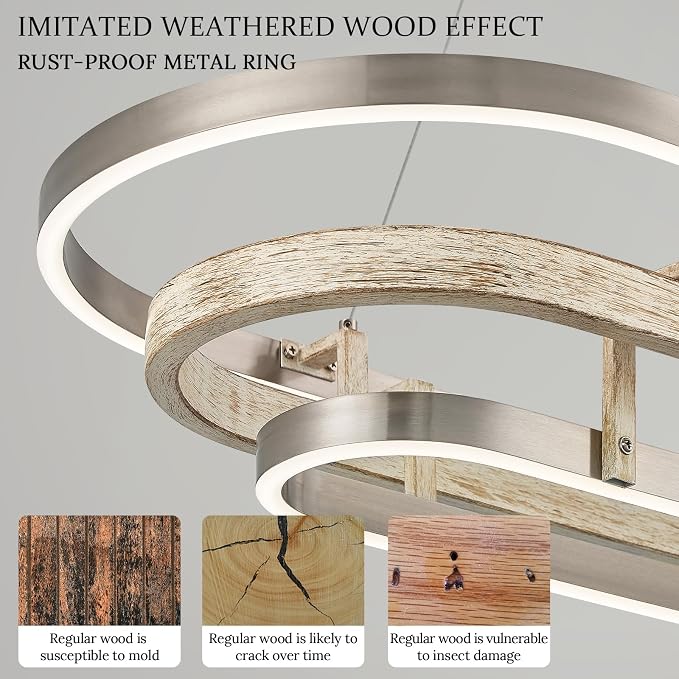 3 Ring LED Chandelier Nickel Rectangular Chandeliers 39in Wood Printed Oval - Image 3