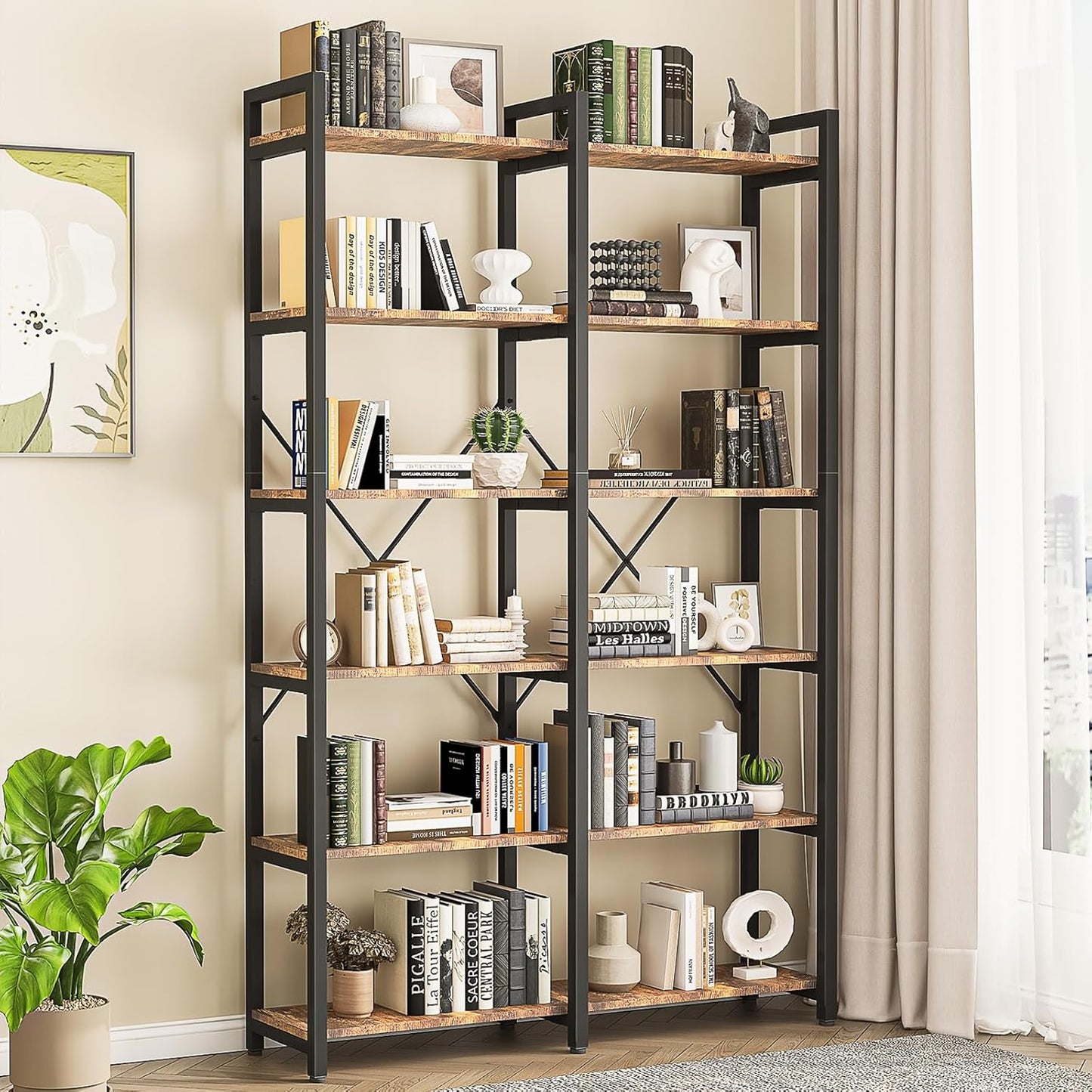 oneinmil 6 Tier Bookshelf Set of 2, 71.5'' Industrial Wood Bookshelves, Book Shelf with 12 Open Display Shelves & Metal Frame, Tall Bookcase for Home and Office, Rustic Brown